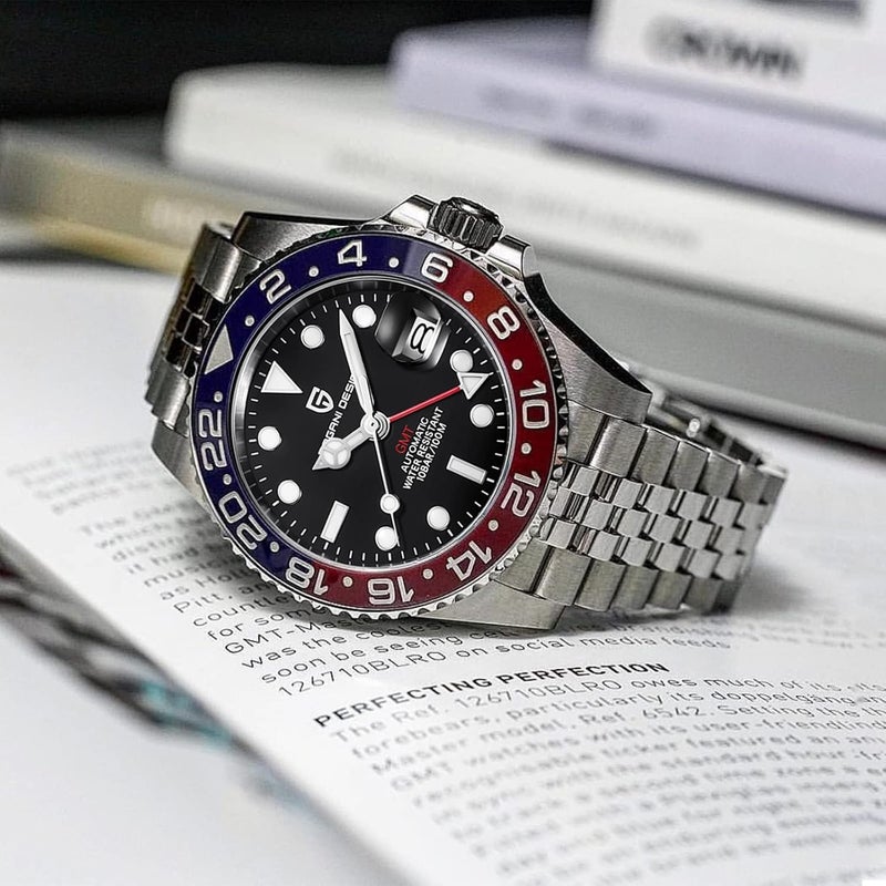 PAGANI DESIGN ساعة رجال أوتوماتيكية GMT من باجاني ديزاين 40 مم مقاومة للماء من الفولاذ المقاوم للصدأ مع زجاج ياقوتي - نموذج PD-1662 (أزرق أحمر) - Image 3